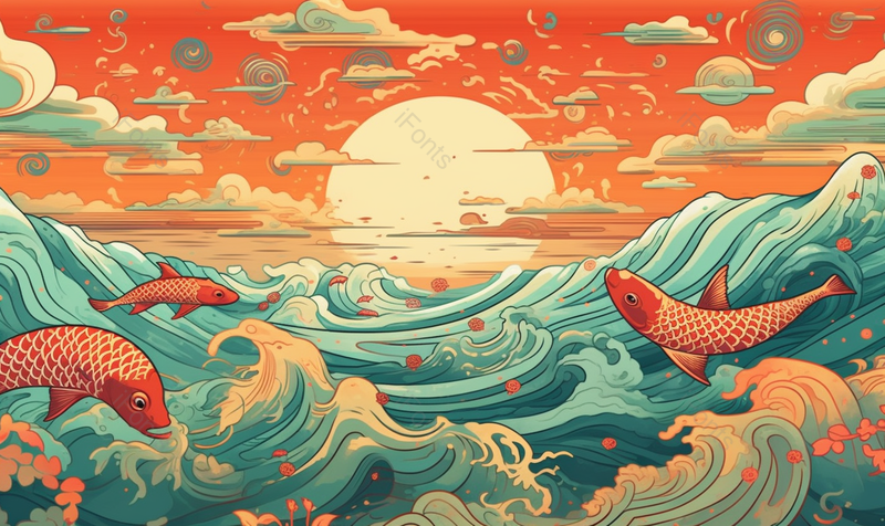 海水海浪夕阳锦鲤喜庆中国风国潮插画,插画/手绘图,插画/手绘图库,插画/手绘图下载,插画/手绘